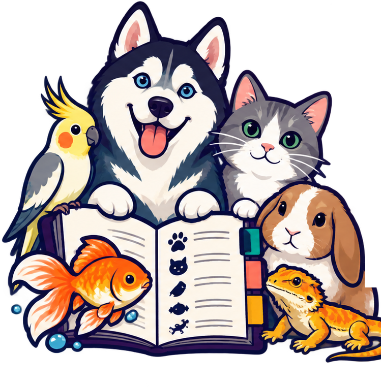 Illustrated dog, cat, rabbit, bird, fish, and reptile gathered around an open pet almanac